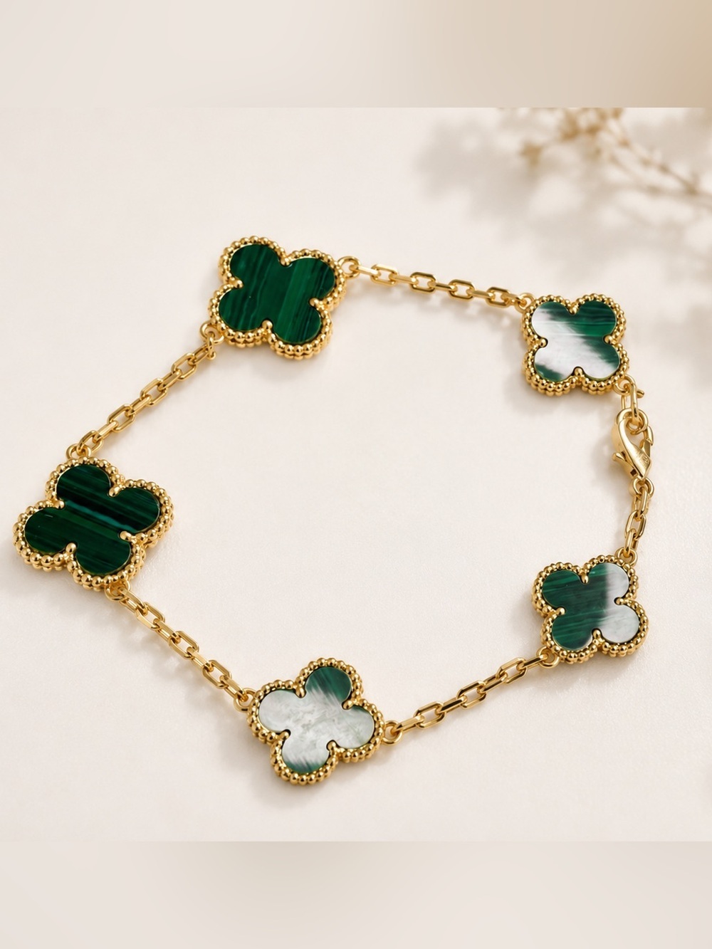 Green Malachite-Inspired Clover Station Bracelet | Gold-Tone